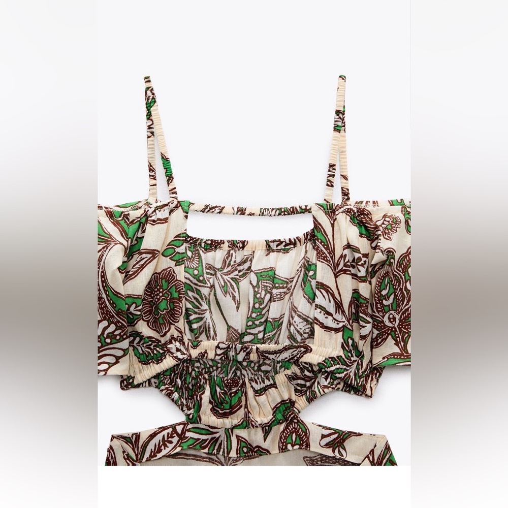 π π NWT ZARA Cutout Leaf Print Maxi Dress | Green, Brown & Tan | Womenβs Small - Picture 5 of 12